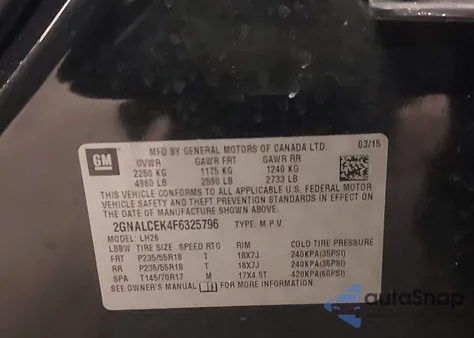 2015 Chevrolet Equinox 2Lt из США, поврежденный, VIN 2GNALCEK4F6325796